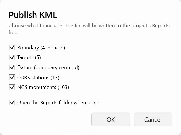 Publish KML dialog