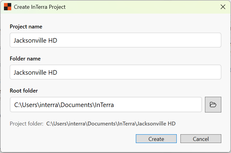 Create InTerra Project window